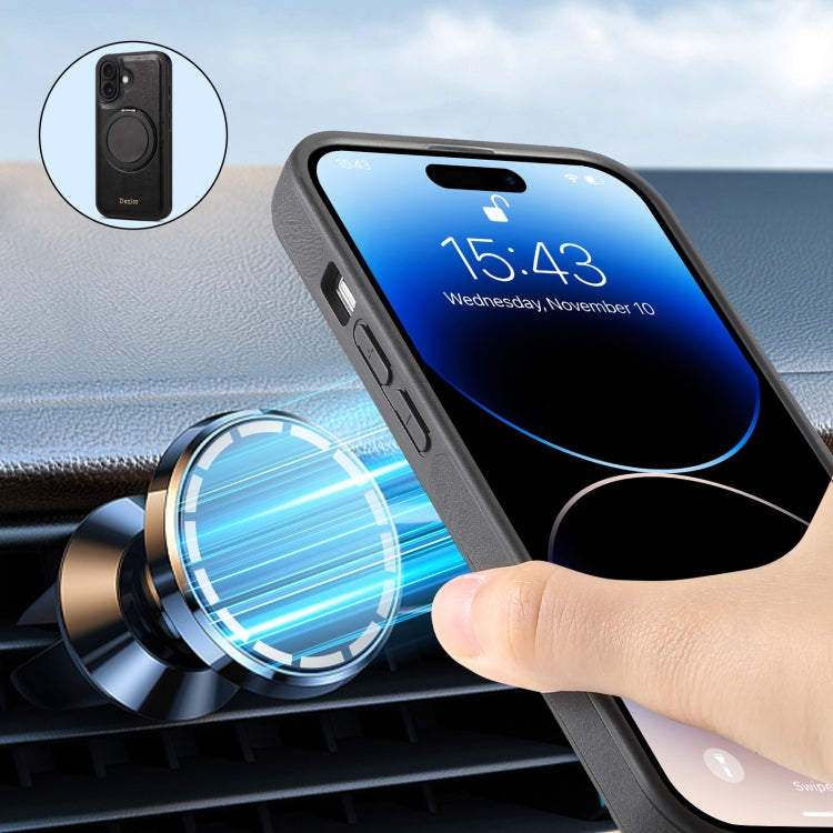 For iPhone 16 Denior A17 Genuine Leather Gear Magnetic Holder Phone Case(Black) - free shipping - PMC Jewellery - Order now!