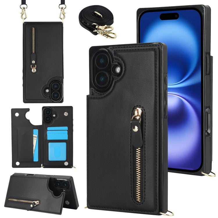 For iPhone 16 Plus Cross-body Zipper Square Phone Case(Black) - free shipping - PMC Jewellery - Order now!