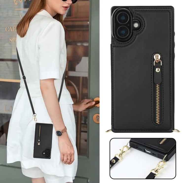 For iPhone 16 Plus Cross-body Zipper Square Phone Case(Black) - free shipping - PMC Jewellery - Order now!