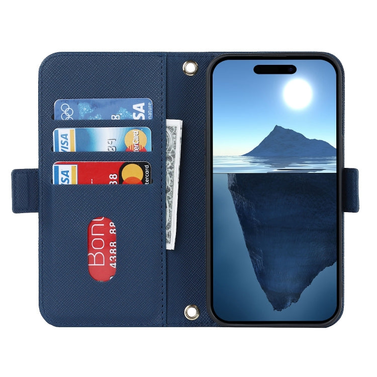 For iPhone 16 Pro Max Cross Texture Crossbody Lanyard Leather Phone Case(Blue) - iPhone 16 Pro Max Cases by PMC Jewellery | Online Shopping South Africa | PMC Jewellery | Buy Now Pay Later Mobicred