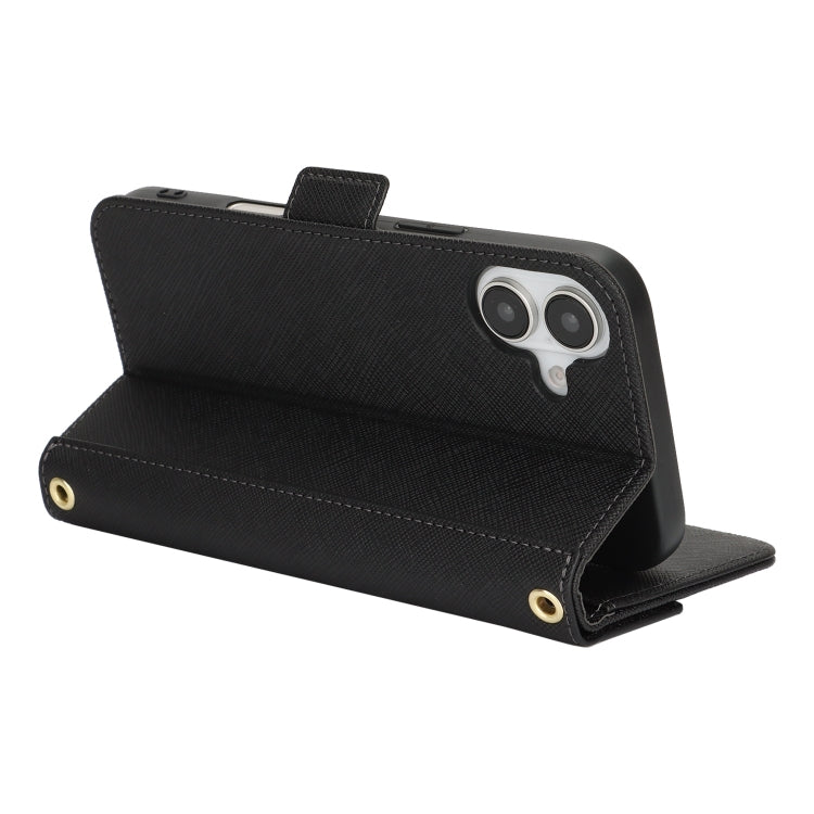 For iPhone 16 Plus Cross Texture Crossbody Lanyard Leather Phone Case(Black) - free shipping - PMC Jewellery - Order now!