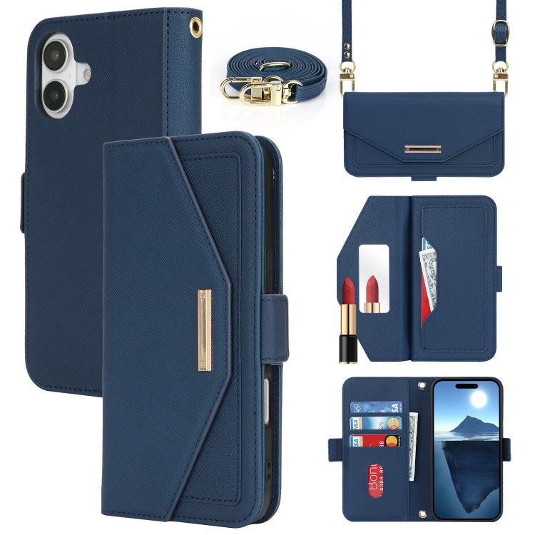 For iPhone 16 Plus Cross Texture Crossbody Lanyard Leather Phone Case(Blue) - free shipping - PMC Jewellery - Order now!