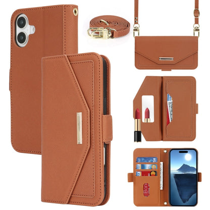 For iPhone 16 Plus Cross Texture Crossbody Lanyard Leather Phone Case(Brown) - iPhone 16 Plus Cases by PMC Jewellery | Online Shopping South Africa | PMC Jewellery | Buy Now Pay Later Mobicred