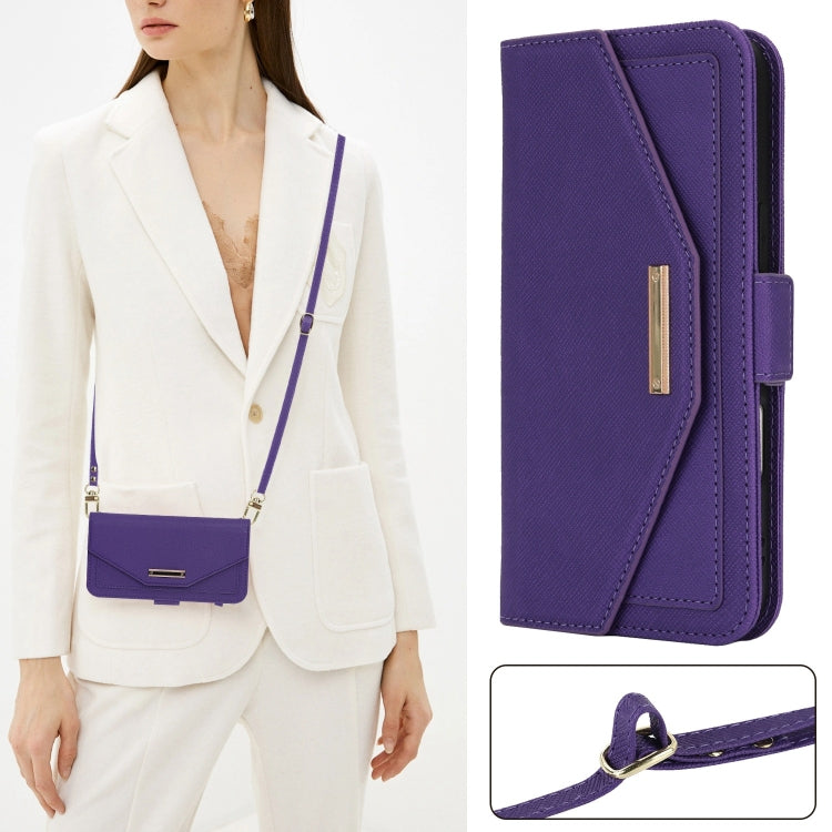 For iPhone 16 Plus Cross Texture Crossbody Lanyard Leather Phone Case(Purple) - iPhone 16 Plus Cases by PMC Jewellery | Online Shopping South Africa | PMC Jewellery | Buy Now Pay Later Mobicred