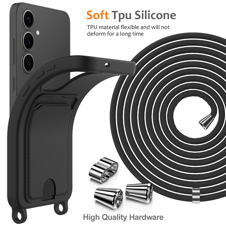 For Samsung Galaxy S25+ 5G Integrated Card Bag Solid Color Liquid Silicone Phone Case with Lanyard(Black) - free shipping - PMC Jewellery - Order now!