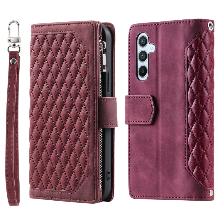 For Samsung Galaxy S25 5G Grid Texture Zipper Leather Phone Case with Lanyard(Wine Red) - Galaxy S25 5G Cases by PMC Jewellery | Online Shopping South Africa | PMC Jewellery | Buy Now Pay Later Mobicred