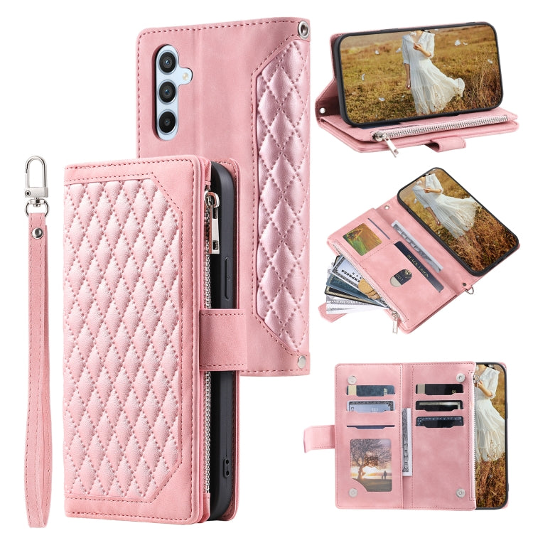 For Samsung Galaxy S25 5G Grid Texture Zipper Leather Phone Case with Lanyard(Rose Gold) - Galaxy S25 5G Cases by PMC Jewellery | Online Shopping South Africa | PMC Jewellery | Buy Now Pay Later Mobicred