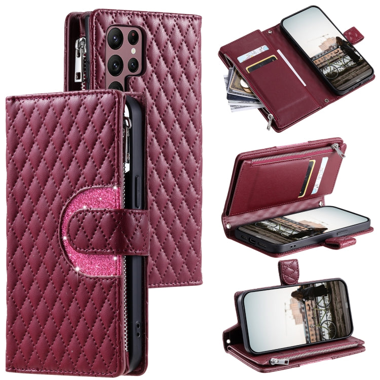 For Samsung Galaxy S25 Ultra 5G Glitter Lattice Zipper Wallet Leather Phone Case(Wine Red) - Galaxy S25 Ultra 5G Cases by PMC Jewellery | Online Shopping South Africa | PMC Jewellery | Buy Now Pay Later Mobicred