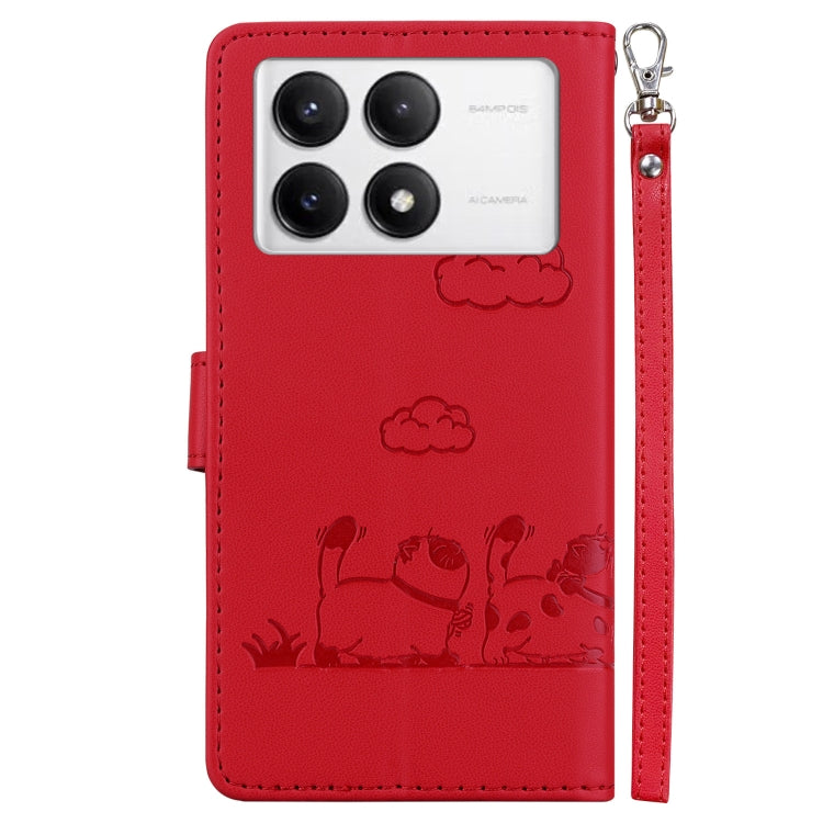 For Redmi K70 / K70 Pro Cute Cats RFID Leather Phone Case(Red) - K70 Cases by PMC Jewellery | Online Shopping South Africa | PMC Jewellery | Buy Now Pay Later Mobicred