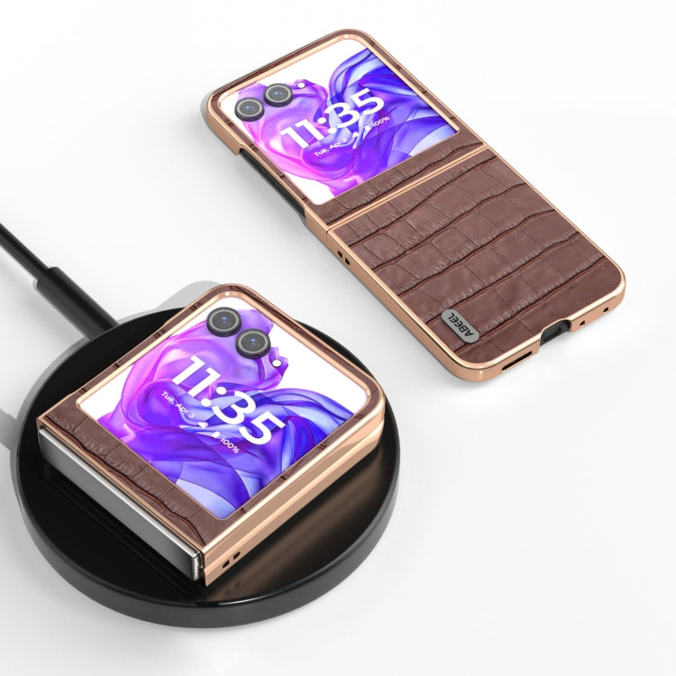 For Motorola Razr 50 ABEEL Electroplating Frame Crocodile Texture Genuine Leather Phone Case(Brown) - Motorola Cases by PMC TechLife | Online Shopping South Africa | PMC TechLife | Buy Now Pay Later Mobicred