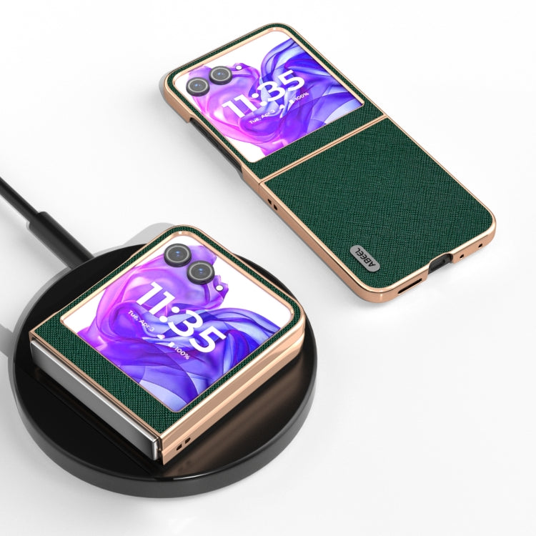 For Motorola Razr 50 ABEEL Electroplating Frame Cross Texture Genuine Leather Phone Case(Green) - free shipping - PMC TechLife - Order now!