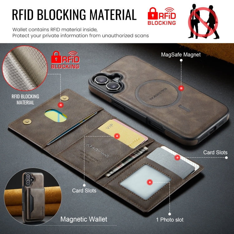 For iPhone 16 Plus DG.MING MAGKING-K2 Series MagSafe RFID Card Bag Detachable Phone Case(Coffee) - iPhone 16 Plus Cases by DG.MING | Online Shopping South Africa | PMC Jewellery | Buy Now Pay Later Mobicred