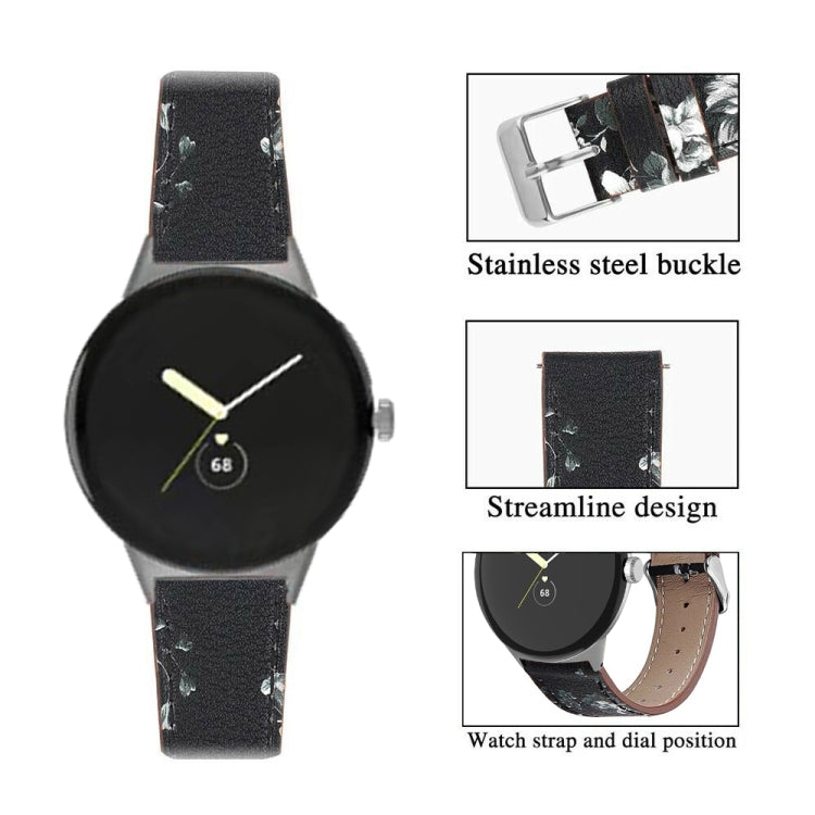 For Google Pixel Watch 3 45mm Round Tail Genuine Leather Watch Band(Black White Flower) - Watch Bands by PMc TechLife | Online Shopping South Africa | PMc TechLife | Buy Now Pay Later Mobicred