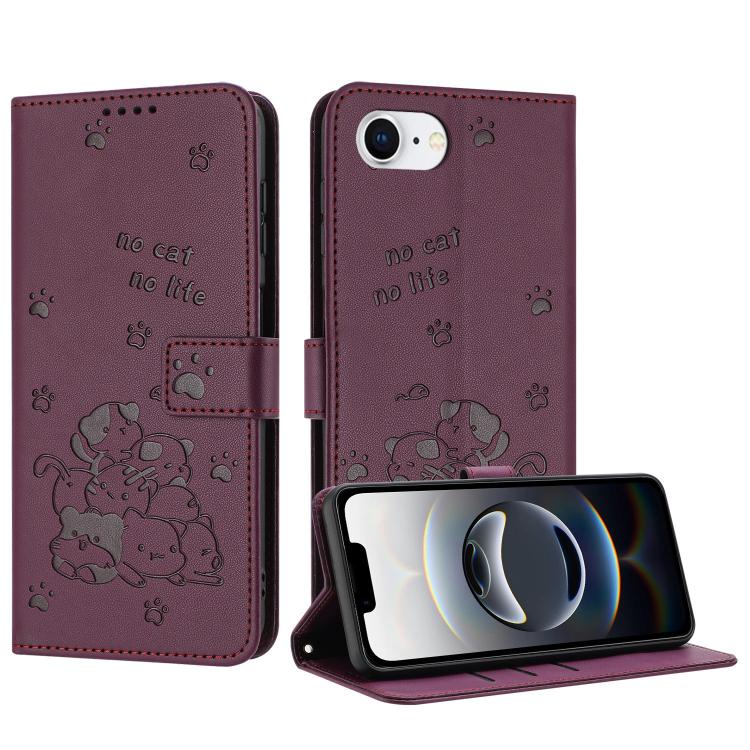 For iPhone 16e Embossed Kitten Phone Leather Case with Lanyard(Wine Red) - iPhone 16e Cases by PMC TechLife | Online Shopping South Africa | PMC TechLife | Buy Now Pay Later Mobicred