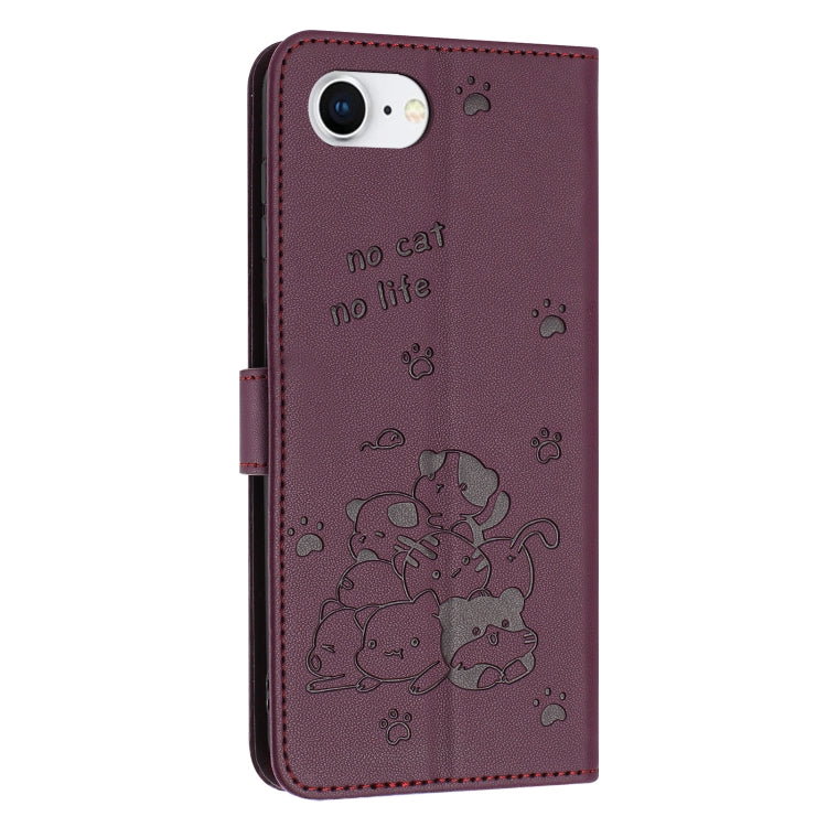 For iPhone 16e Embossed Kitten Phone Leather Case with Lanyard(Wine Red) - iPhone 16e Cases by PMC TechLife | Online Shopping South Africa | PMC TechLife | Buy Now Pay Later Mobicred