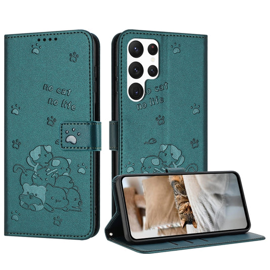 For Samsung Galaxy S25 Ultra 5G Embossed Kitten Phone Leather Case with Lanyard(Dark Green) - Galaxy S25 Ultra 5G Cases by PMC Jewellery | Online Shopping South Africa | PMC Jewellery | Buy Now Pay Later Mobicred