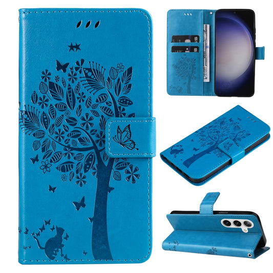 For Samsung Galaxy S25 / S24 5G Tree & Cat Embossed Pattern Flip Leather Phone Case(Blue) - Galaxy S25 5G Cases by PMC Jewellery | Online Shopping South Africa | PMC Jewellery | Buy Now Pay Later Mobicred