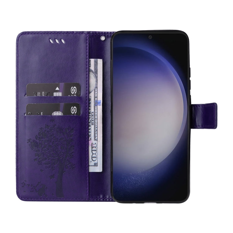 For Samsung Galaxy S25 / S24 5G Tree & Cat Embossed Pattern Flip Leather Phone Case(Purple) - Galaxy S25 5G Cases by PMC Jewellery | Online Shopping South Africa | PMC Jewellery | Buy Now Pay Later Mobicred