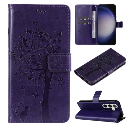 For Samsung Galaxy S25+ / S24+ 5G Tree & Cat Embossed Pattern Flip Leather Phone Case(Purple) - Galaxy S25+ 5G Cases by PMC Jewellery | Online Shopping South Africa | PMC Jewellery | Buy Now Pay Later Mobicred