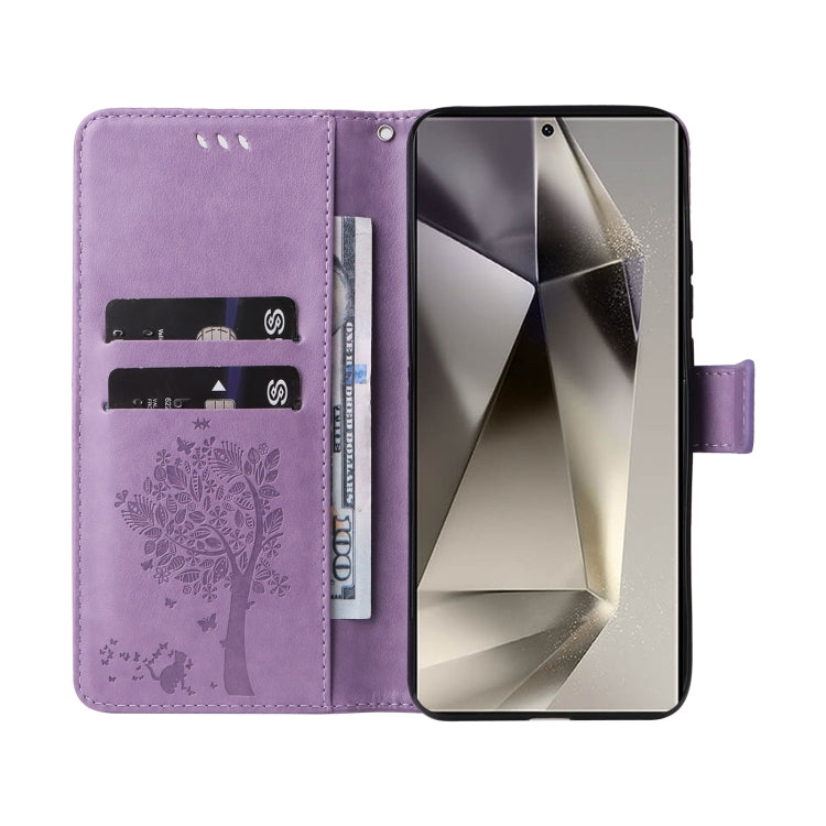 For Samsung Galaxy S25 Ultra 5G Tree & Cat Embossed Pattern Flip Leather Phone Case(Light Purple) - Galaxy S25 Ultra 5G Cases by PMC TechLife | Online Shopping South Africa | PMC TechLife | Buy Now Pay Later Mobicred