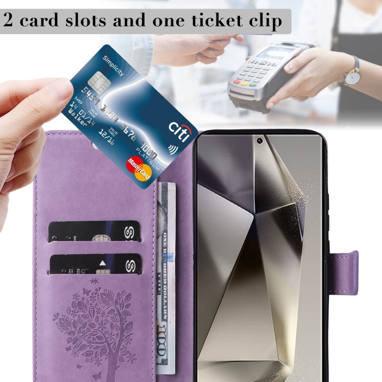 For Samsung Galaxy S25 Ultra 5G Tree & Cat Embossed Pattern Flip Leather Phone Case(Light Purple) - Galaxy S25 Ultra 5G Cases by PMC TechLife | Online Shopping South Africa | PMC TechLife | Buy Now Pay Later Mobicred