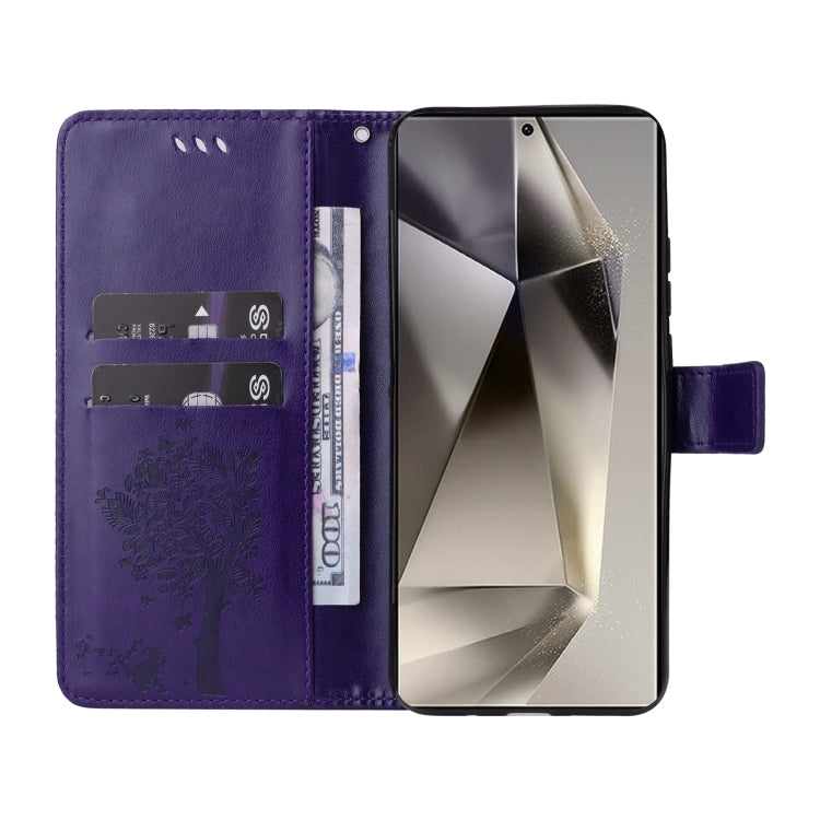For Samsung Galaxy S25 Ultra 5G Tree & Cat Embossed Pattern Flip Leather Phone Case(Purple) - Galaxy S25 Ultra 5G Cases by PMC Jewellery | Online Shopping South Africa | PMC Jewellery | Buy Now Pay Later Mobicred