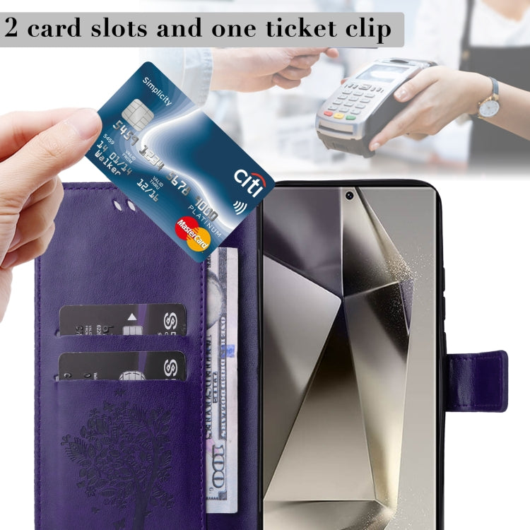 For Samsung Galaxy S25 Ultra 5G Tree & Cat Embossed Pattern Flip Leather Phone Case(Purple) - Galaxy S25 Ultra 5G Cases by PMC Jewellery | Online Shopping South Africa | PMC Jewellery | Buy Now Pay Later Mobicred