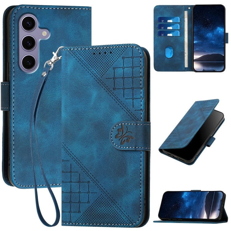 For Samsung Galaxy S25 5G Grid Butterfly Embossed Pattern Leather Phone Case with Lanyard(Dark Blue) - free shipping - PMC Jewellery - Order now!