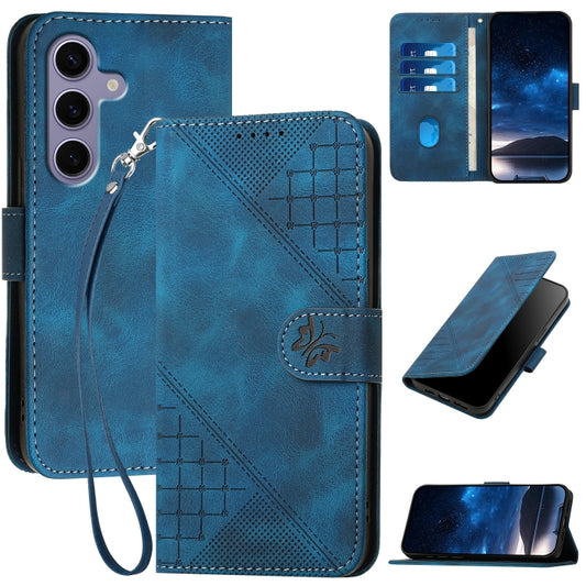 For Samsung Galaxy S25 5G YX0080 Grid Butterfly Embossed Pattern Flip Leather Phone Case with Lanyard(Dark Blue) - Galaxy S25 5G Cases by PMC Jewellery | Online Shopping South Africa | PMC Jewellery | Buy Now Pay Later Mobicred