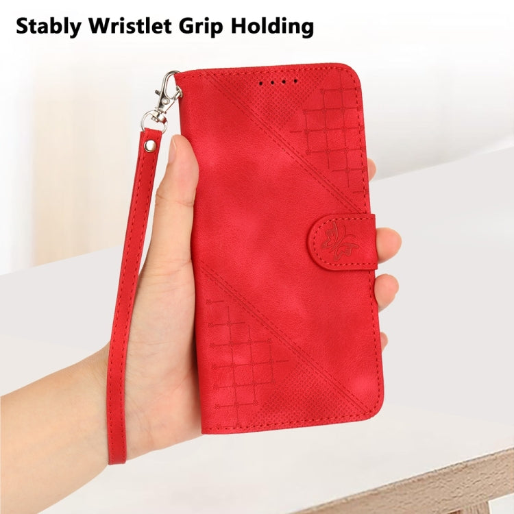 For Samsung Galaxy S25 5G YX0080 Grid Butterfly Embossed Pattern Flip Leather Phone Case with Lanyard(Red) - Galaxy S25 5G Cases by PMC TechLife | Online Shopping South Africa | PMC TechLife | Buy Now Pay Later Mobicred