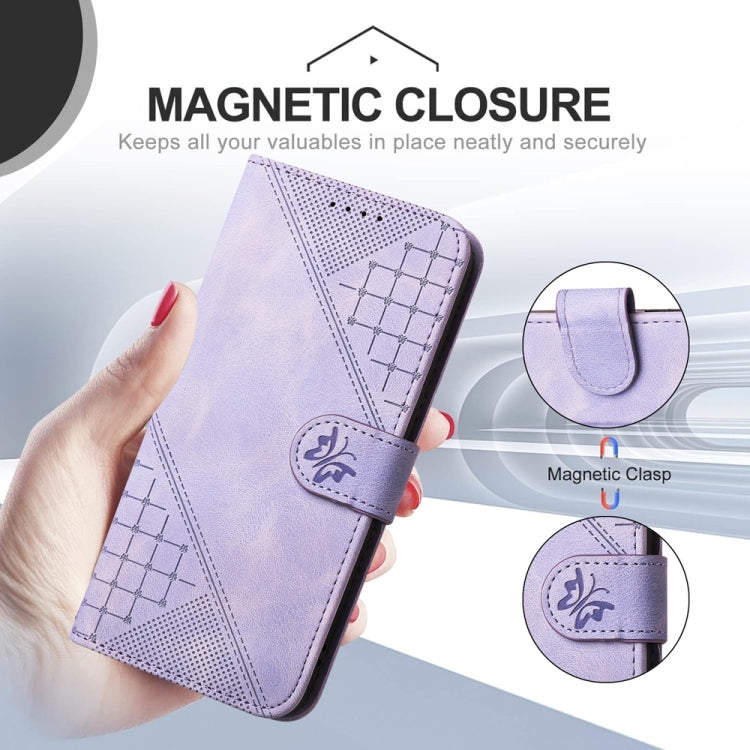 For Samsung Galaxy S25 5G YX0080 Grid Butterfly Embossed Pattern Flip Leather Phone Case with Lanyard(Light Purple) - Galaxy S25 5G Cases by PMC TechLife | Online Shopping South Africa | PMC TechLife | Buy Now Pay Later Mobicred