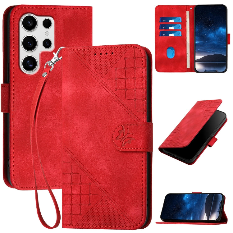 For Samsung Galaxy S25 Ultra 5G YX0080 Grid Butterfly Embossed Pattern Flip Leather Phone Case with Lanyard(Red) - Galaxy S25 Ultra 5G Cases by PMC Jewellery | Online Shopping South Africa | PMC Jewellery | Buy Now Pay Later Mobicred