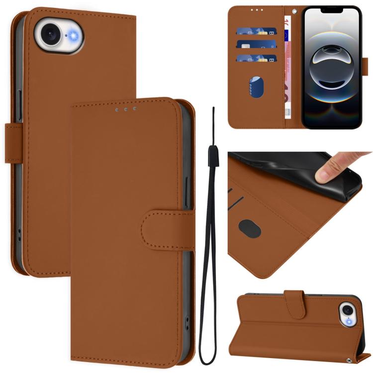 For iPhone 16e Skin Feel Solid Color Leather Phone Case with Lanyard(Brown) - iPhone 16e Cases by PMC TechLife | Online Shopping South Africa | PMC TechLife | Buy Now Pay Later Mobicred