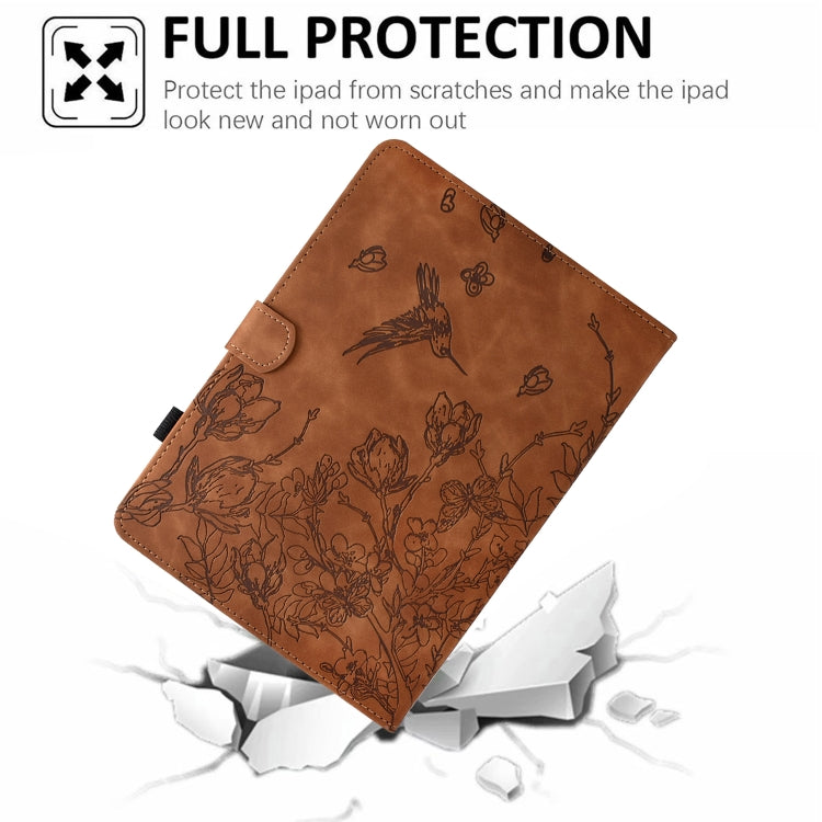 For Samsung Galaxy Tab S9 Flowers and Bird Embossed Smart Leather Tablet Case(Brown) - Galaxy Tab S9 Cases by PMC Jewellery | Online Shopping South Africa | PMC Jewellery | Buy Now Pay Later Mobicred