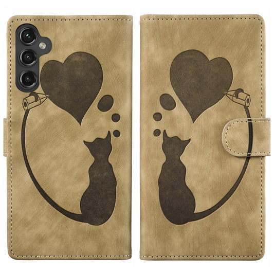 For Samsung Galaxy S25 5G Pen Heart Cat Embossed Leather Phone Case(Apricot) - Galaxy S25 5G Cases by PMC Jewellery | Online Shopping South Africa | PMC Jewellery | Buy Now Pay Later Mobicred