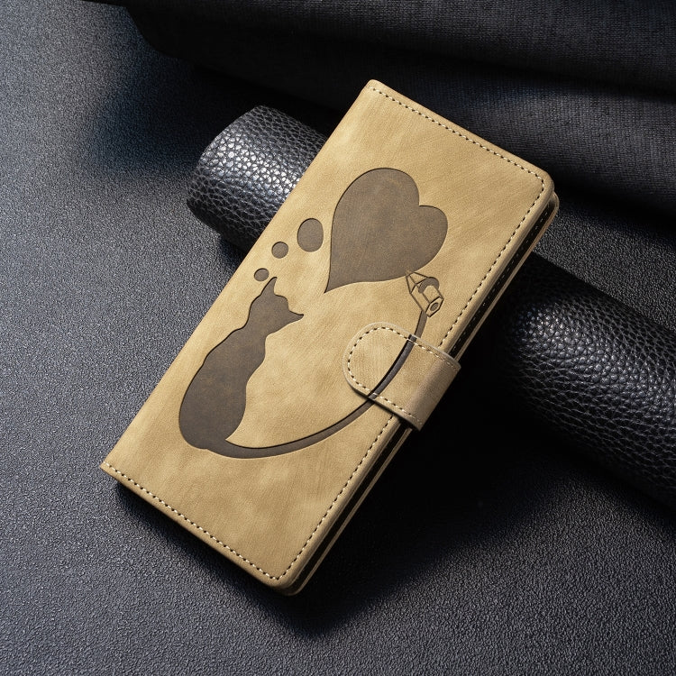 For Samsung Galaxy S25 5G Pen Heart Cat Embossed Leather Phone Case(Apricot) - Galaxy S25 5G Cases by PMC TechLife | Online Shopping South Africa | PMC TechLife | Buy Now Pay Later Mobicred