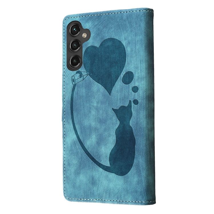 For Samsung Galaxy S25 5G Pen Heart Cat Embossed Leather Phone Case(Blue) - Galaxy S25 5G Cases by PMC TechLife | Online Shopping South Africa | PMC TechLife | Buy Now Pay Later Mobicred