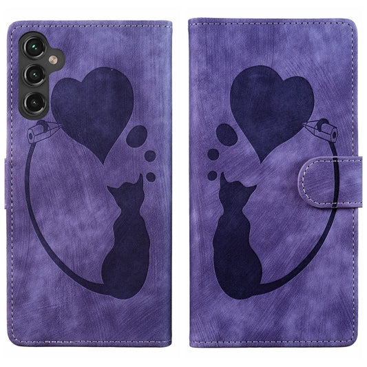 For Samsung Galaxy S25+ 5G Pen Heart Cat Embossed Leather Phone Case(Purple) - Galaxy S25+ 5G Cases by PMC Jewellery | Online Shopping South Africa | PMC Jewellery | Buy Now Pay Later Mobicred