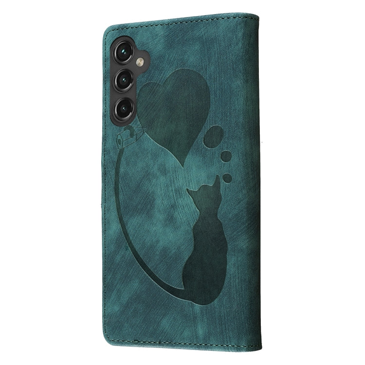 For Samsung Galaxy S25+ 5G Pen Heart Cat Embossed Leather Phone Case(Green) - Galaxy S25+ 5G Cases by PMC TechLife | Online Shopping South Africa | PMC TechLife | Buy Now Pay Later Mobicred