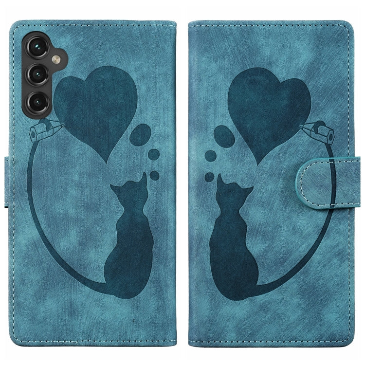 For Samsung Galaxy S25+ 5G Pen Heart Cat Embossed Leather Phone Case(Blue) - Galaxy S25+ 5G Cases by PMC TechLife | Online Shopping South Africa | PMC TechLife | Buy Now Pay Later Mobicred