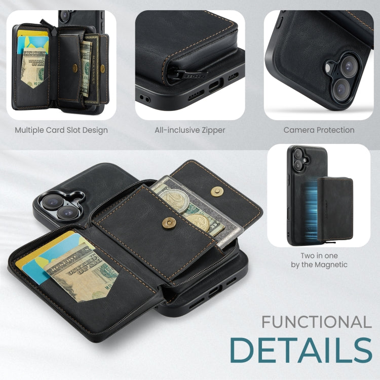 For iPhone 16 Plus JEEHOOD J02 Magnetic Zipper Horizontal Flip Leather Phone Case(Black) - free shipping - PMC Jewellery - Order now!