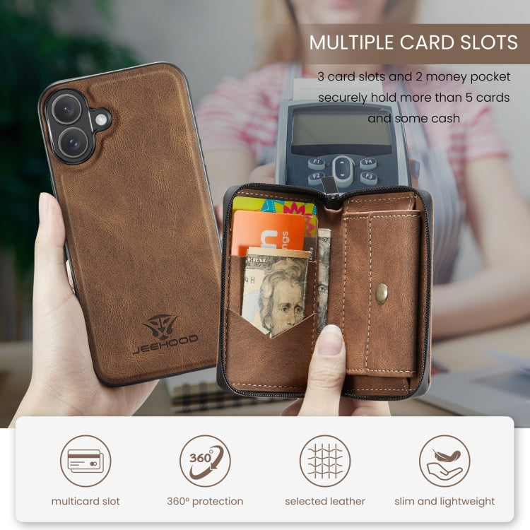 For iPhone 16 JEEHOOD J02 Magnetic Zipper Horizontal Flip Leather Phone Case(Brown) - free shipping - PMC Jewellery - Order now!