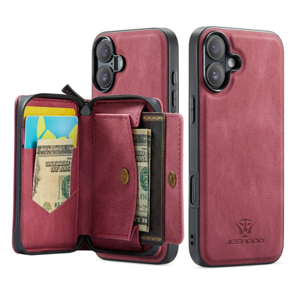 For iPhone 16 JEEHOOD J02 Magnetic Zipper Horizontal Flip Leather Phone Case(Red) - iPhone 16 Cases by JEEHOOD | Online Shopping South Africa | PMC Jewellery | Buy Now Pay Later Mobicred