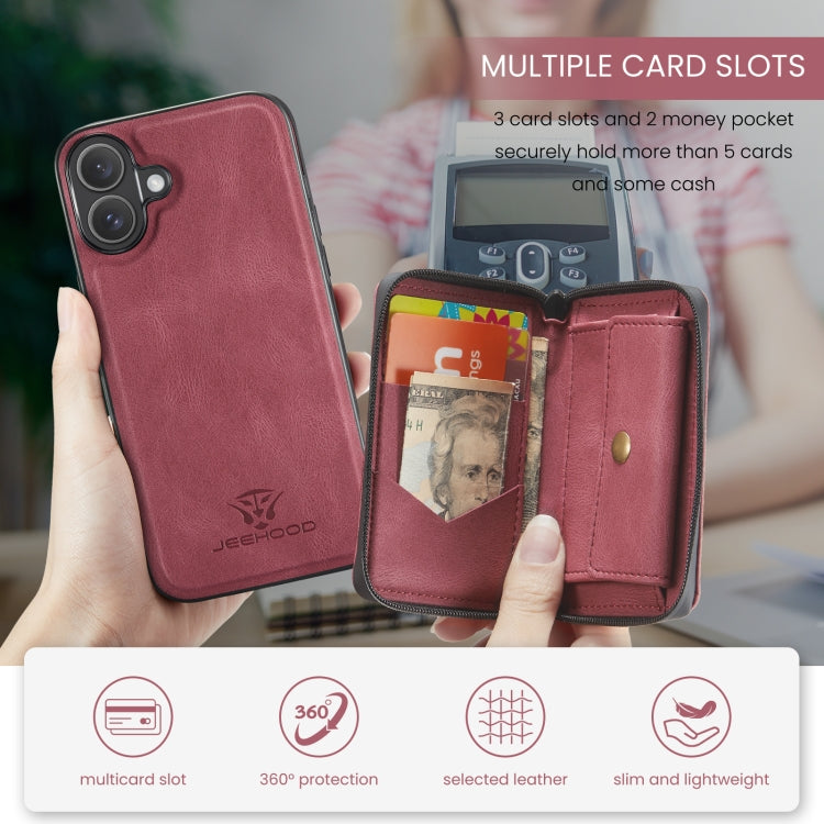 For iPhone 16 JEEHOOD J02 Magnetic Zipper Horizontal Flip Leather Phone Case(Red) - free shipping - PMC Jewellery - Order now!