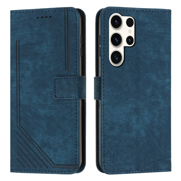 For Samsung Galaxy S25 Ultra 5G Skin Feel Stripe Pattern Leather Phone Case with Long Lanyard(Blue) - Galaxy S25 Ultra 5G Cases by PMC Jewellery | Online Shopping South Africa | PMC Jewellery | Buy Now Pay Later Mobicred