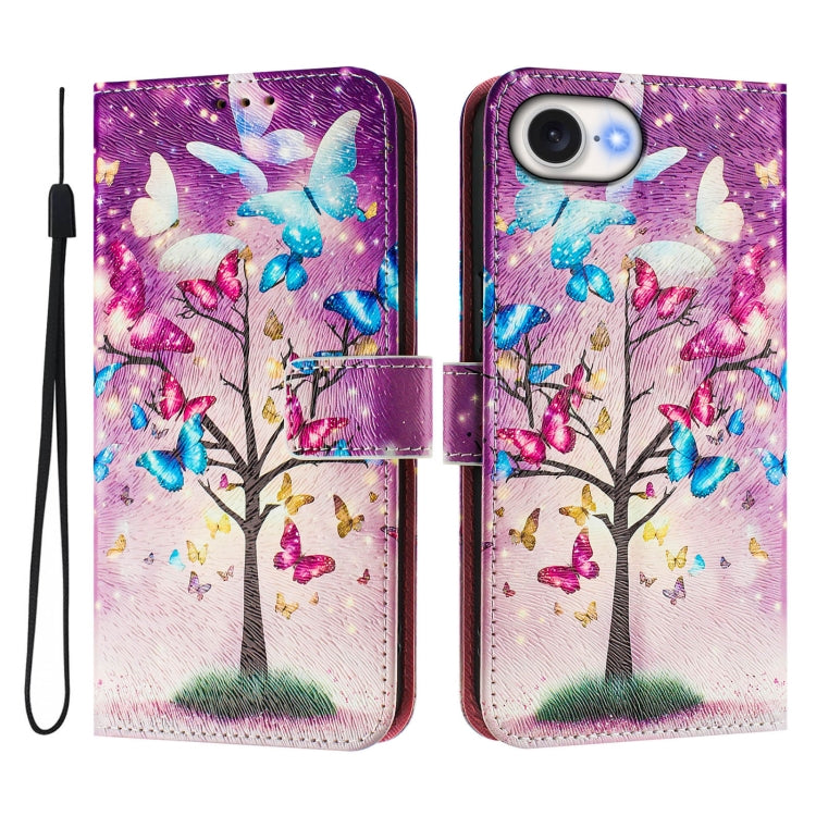 For iPhone 16e Art Colored Drawing Pattern Leather Phone Case(Butterfly branch) - iPhone 16e Cases by PMC TechLife | Online Shopping South Africa | PMC TechLife | Buy Now Pay Later Mobicred