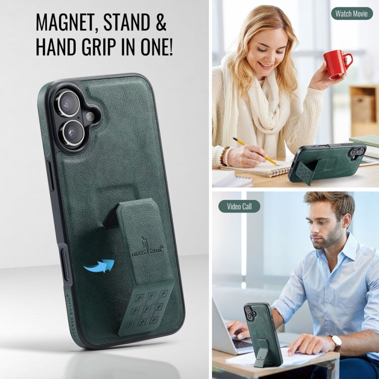 For iPhone 16 Fierre Shann Oil Wax Cow Leather Holder Back Phone Case(Green) - iPhone 16 Cases by FIERRE SHANN | Online Shopping South Africa | PMC Jewellery | Buy Now Pay Later Mobicred