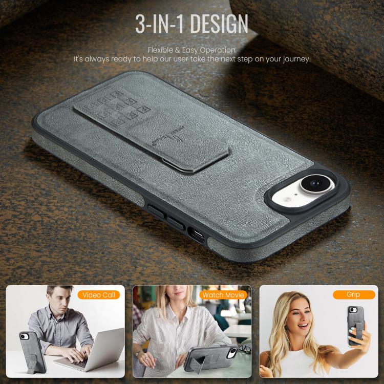 For iPhone 16e Fierre Shann Oil Wax Cow Leather Holder Back Phone Case(Grey) - free shipping - PMc TechLife - Order now!
