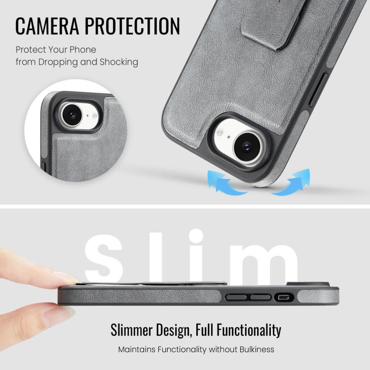 For iPhone 16e Fierre Shann Oil Wax Cow Leather Holder Back Phone Case(Grey) - free shipping - PMc TechLife - Order now!