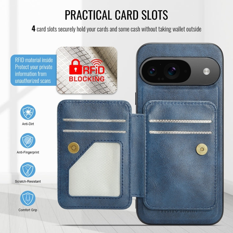 For Google Pixel 9 / 9 Pro Fierre Shann Cowhide Horizontal Flip Magnetic Card Holder Phone Case(Blue) - Google Cases by FIERRE SHANN | Online Shopping South Africa | PMC TechLife | Buy Now Pay Later Mobicred